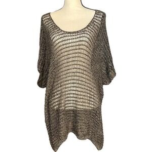Eileen‎ Fisher Linen Cotton Blend Open Knit Brown Metallic  Short Sleeve Relaxed